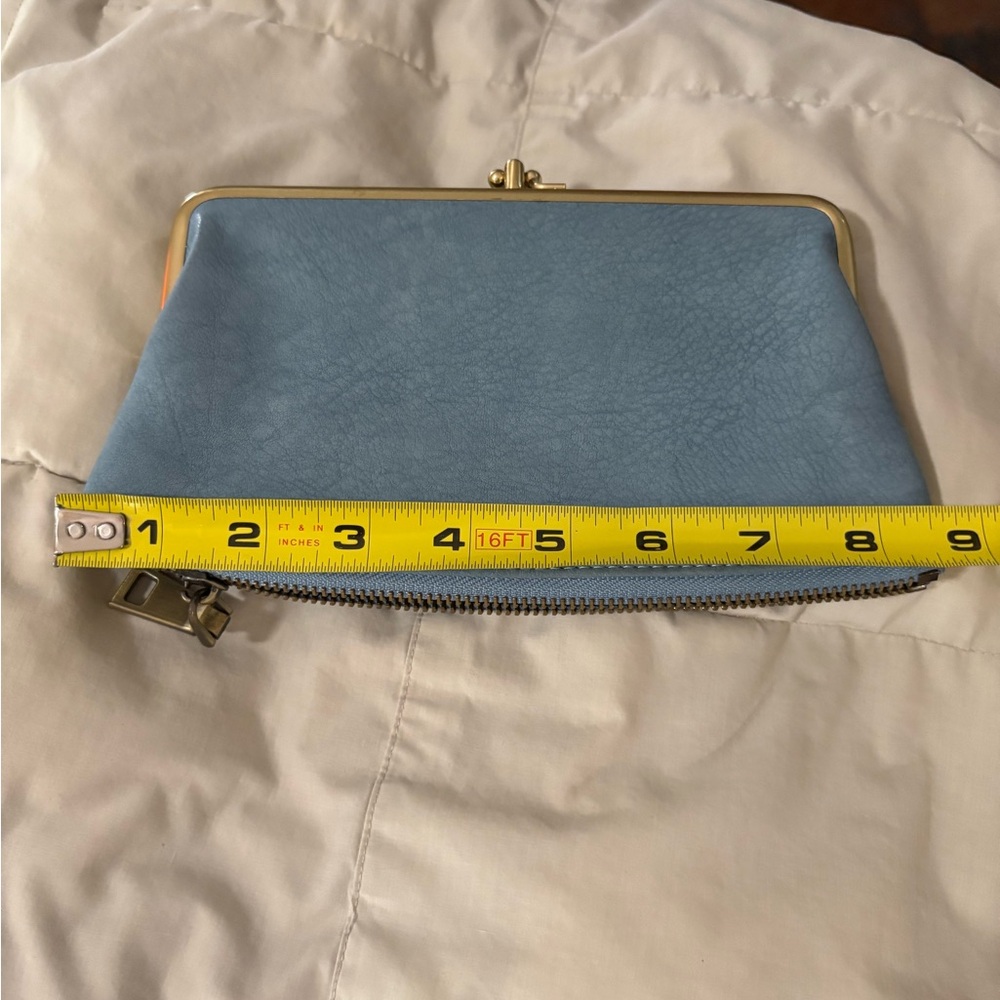 Urban Expressions Light Blue Leather Kiss-Lock Clutch with Brass Trim - Picture 8 of 11
